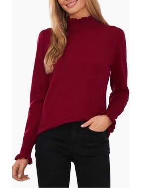 CeCe Red Ruffle Mock Neck Long Sleeve Sweater